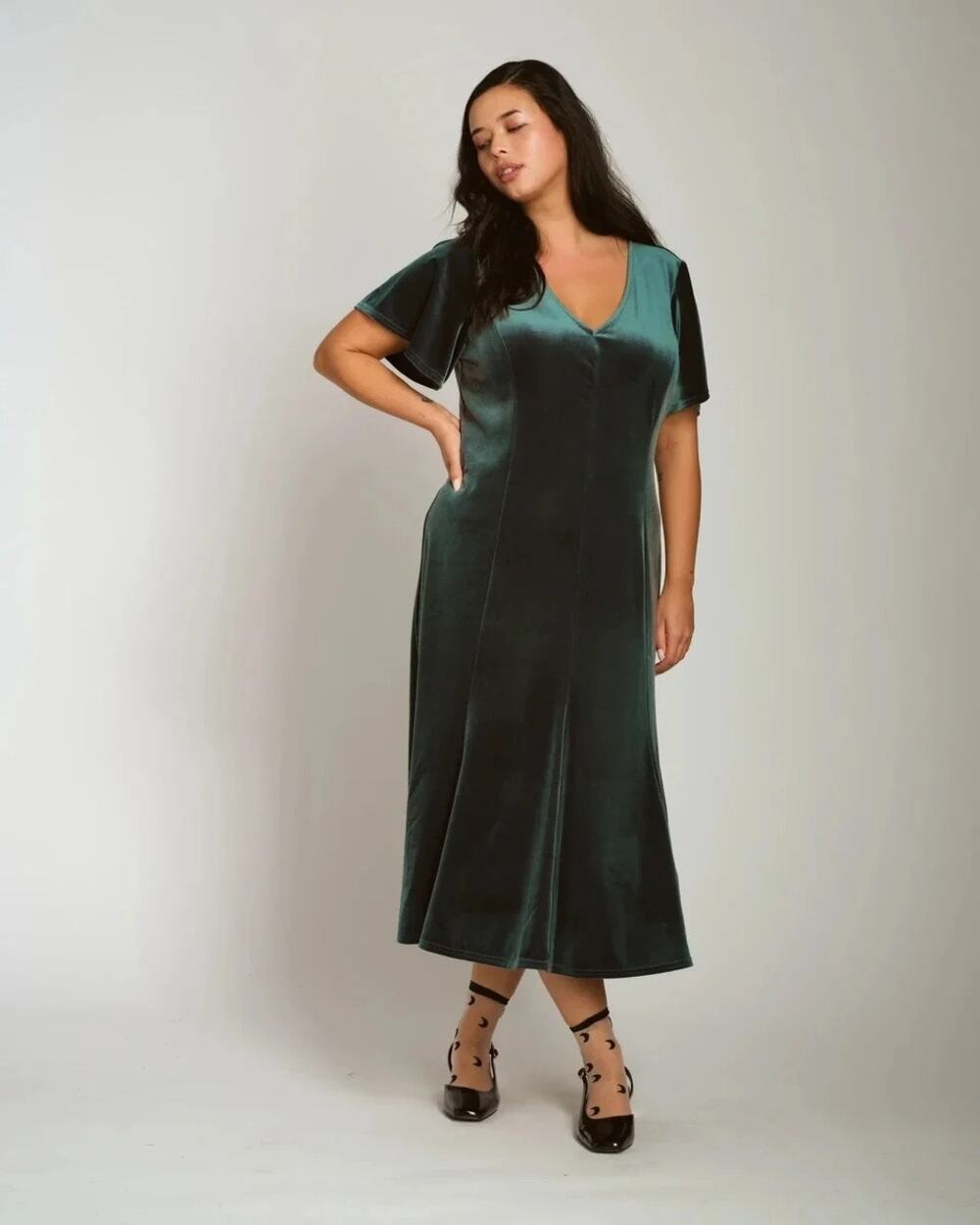 UNIVERSAL STANDARD Solstice Stretch Velvet Dress in Emerald Green Size 3XS NWT